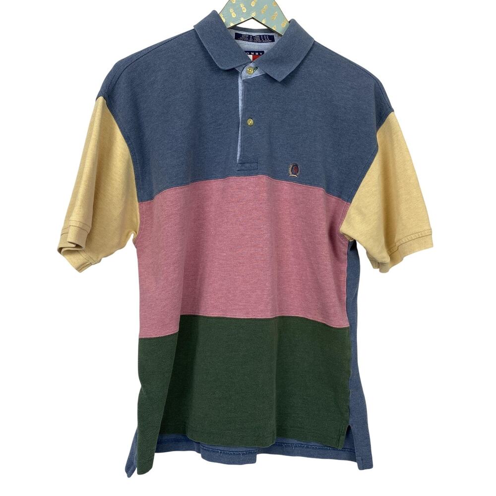 Vtg‎ Tommy Hilfiger Polo Shirt Mens Medium Colorblock Striped Crest Logo Y2K 90s